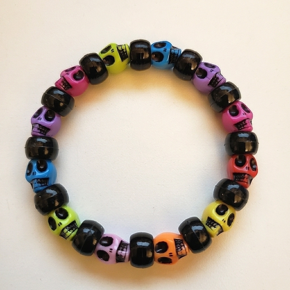 Handmade Black Neon Rainbow Skull kandi bracelet